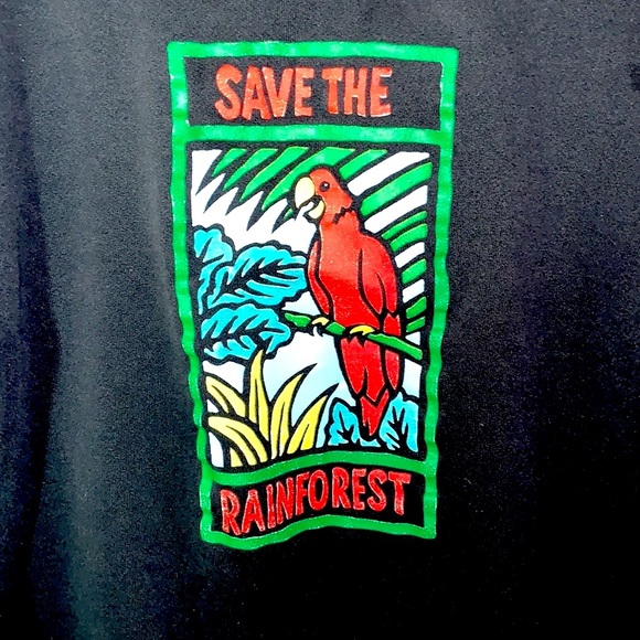 VINTAGE 89’s Save the Rainforest Red macaw tropical black sweatshirt Sz L cozy - Picture 4 of 17